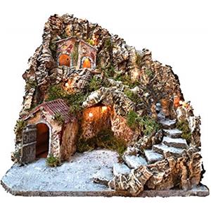 MFANBLAS Presepe Completo illuminato natalizio con capanna e grotta per statuine artigianali, 38x38x38 cm