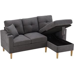 Azkoeesy Divano 3 posti con contenitore, larghezza 175 cm, divano angolare a L, chaise longue, con 2 portabicchieri, 2 cuscini. Per ufficio e soggiorno, grigio