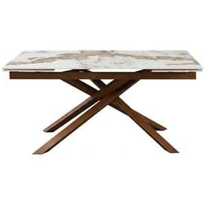 Cribel George Tavolo Allungabile Con Piano in Gres Porcellanato Effetto Marmo Kashmir Beige Lucido E Gambe Bronzo, Tavolo Da Pranzo Moderno 160-240x90x75 Cm