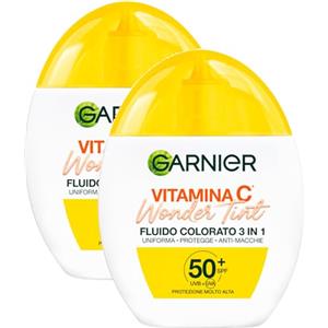 Garnier Vitamina C Wonder Tint Fluido Colorato 3in1 SPF 50+ Colorazione Light Uniforma Protegge la Pelle Anti Macchie con Glicerina Niacinamide Vitamina C e Pigmenti Naturali- 2 Flaconi da 40ml