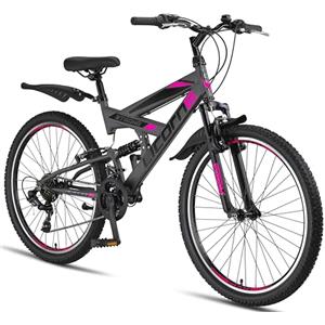 Licorne Bike Premium Mountain Bike Strong da 26 pollici, bicicletta per ragazzi, ragazze, donne e uomini, con cambio a 21 marce, sospensioni complete, antracite/rosa., 26 inches