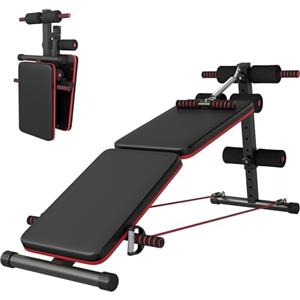 HOMCOM Panca per Addominali Pieghevole e Regolabile per Allenarsi a Casa, Panca Palestra Multifunzione con Votagore a molla e 2 Corde Elastiche, in Acciaio e Imbottitura Nera e Rossa 51x137x50-66cm