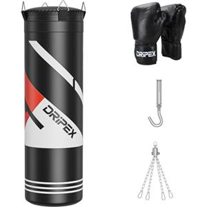 Dripex Sacco da Boxe per Adulti Appeso, con Guanti da 12 oz, Già Riempito, con Catena Pivotante a 360° in Acciaio, per MMA, Kickboxing, Muay Thai, Karate