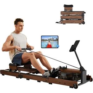 KINGSMITH Vogatore Professionale per Casa, Vogatore ad Acqua Tripla Pieghevole con Regolazione di 5 Livelli, Capacità di Peso 180KG con Monitor a LED, Compatibile con l'app Noce