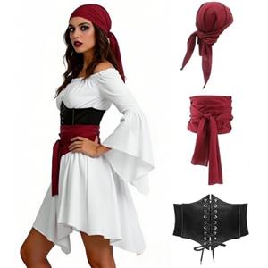 NaLatia Costume Pirata Donna, Vestito Pirata con Accessori da Piratessa Medievale Costume Carnevale Donna con Corsetto Foulard Benda Sull'Occhio Abito Rinascimentale Vittoriana per Carnevale di Halloween