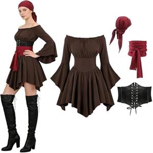 RUITOTP Costume Pirata Donna, Vestito Pirata Medievale Costume Carnevale Donna con Corsetto Foulard Gonna da Piratessa Rinascimentale Vittoriana per Carnevale di Halloween