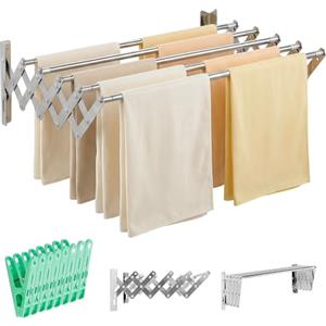 JUPPLIES Stendino da Parete Estensibile 100 cm - Stendibiancheria a Muro Richiudibile per Interno ed Esterno - 5 Barre in Acciaio Inossidabile, Montaggio Facile e Pinze Incluse