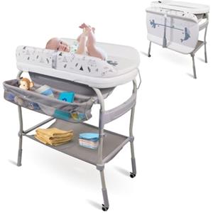 Mobiclinic®, Fasciatoio con vaschetta bagnetto 2 in 1, Trendy, Regolabile 4 altezze, Termometro, Ruote freno, Cestini portaoggetti, Fino a 50 kg, Tubo di drenaggio, 0-36 mesi