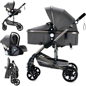 MoLi Passeggino Trio, Passeggino 3 in 1 con Doppia Modalità Push Reversibile, Trio Neonati con Grande Navicella, Carrozzina per Neonati in Alluminio Pieghevole (739 Grey)