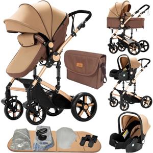 MoLi Passeggino Trio, Passeggino 3 in 1 con Doppia Modalità Push Reversibile, Trio Neonati con Grande Navicella, Carrozzina per Neonati in Alluminio Pieghevole (588 Tawny)