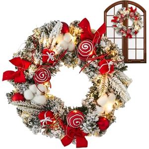 Generico Ghirlande natalizie per porta d'ingresso, ghirlande natalizie per esterni con luci - Snowy Flocked 11.81in Decorazioni natalizie per esterni Ghirlande illuminate con palline - Ghirlanda natalizia per