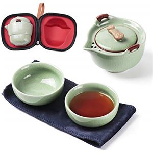 Dltsli Set di teiere da viaggio in ceramica, teiera cinese per kung fu, 1 vaso, 2 mini tazze in porcellana Gongfu, con infusore, borsa portatile, tutto in uno, per picnic, campeggio, hotel