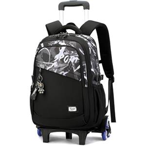FANDARE 2-in-1 Zaino Trolley Scuola Sganciabile Nero Cartelle Zaini Elementare e Media da 35 Litri con 6 Ruote Doppio Uso Zaino con Carrello Fisso Zaini da Viaggio per Ragazza Ragazzo Adolescente