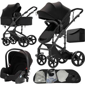 Nine point nine Trio Passeggino Neonati, Passeggino 3 in 1 con Doppia Modalità Spinta Reversibile, Carrozzina per Neonati con Grande Nacelle, Passeggino Trio con Telaio in Alluminio (588 Black)