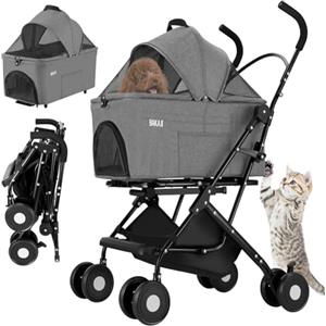 BAKAJI Passeggino per Animali Domestici 2 in 1 Carico Massimo 40kg Pieghevole e Salvaspazio, Capsula Rimovibile, Carrozzina per Cani e Gatti con Trasportino Removibile e Cestello Portaoggetti (Grigio)