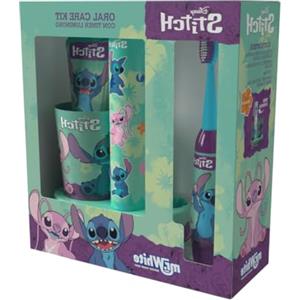 Generico Mr White Kit Igiene Dentale per Bambini, Spazzolino a Batteria, Dentifricio Gusto Menta Delicata, Bicchiere e Base LED Luminosa - Realizzato per Disney Stitch, Idea Regalo
