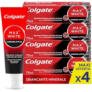 Colgate Dentifricio Sbiancante Max White Carbon 4 Confezioni da 75 ml I Dentifricio Minerale Delicato Al Carbone Attivo Per Denti Bianchil I Sbiancantemento denti I Bianco naturale