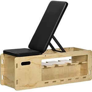 HOMCOM Panca Palestra con Schienale Regolabile a 6 Livelli, Panca Addominali Multifunzione Inclinabile, con Vano Contenitore e Rack per Pesi, Bande di Resistenza, per Allenamento Casa, Color Legno