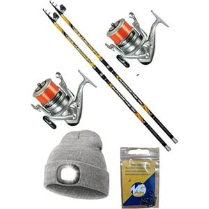 MG GROUP MG FISHING Kit Surfcasting Completo 2 Canne Trabucco Vektor 150gr + 2 Mulinelli Trabucco Oceanic 8000 + Cappello Con lampada integrata e 1 Bustina Ami MG FISHING OMAGGIO
