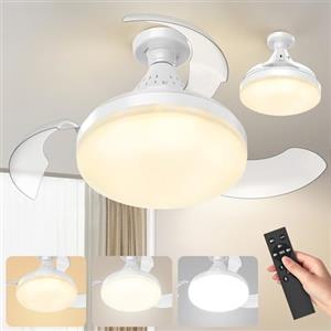 Xoeminor Ventilatore da Soffitto con Luce LED Dimmerabile e Telecomando, Pale Retrattili, 4 Velocità, Attacco E27, Silenzioso Adatto per Soggiorno e Camera da Letto