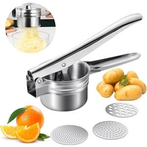 Qivine Schiacciapatate Acciaio Inox Schiaccia Patate con 3 Colini Sostituibili Lavabile in Lavastoviglie Taglia Patate Per Purè di Patate Frutta Verdure