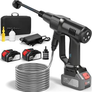 Purova Idropulitrice a Batteria, 21V Max 200 Bar Idropulitrice Portatile con Batterià da 3,0Ah, Press & Clean Pistola Lavaggio con Display LCD di Potenza e 3 Velocità (Nero con 2 Batteria)