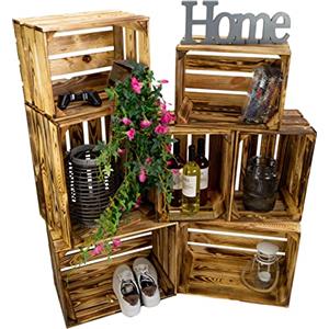 Kistenkolli Altes Land Cassette vintage fiammate, 50 x 40 x 29 cm/40 x 30 x 25 cm, decorazione per la casa, per la frutta, il vino o il fai da te (set da 7, misto)