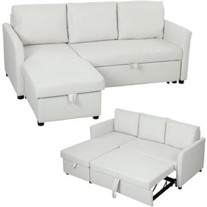 HOMCOM Divano Letto 3 Posti con Chaise Longue Convertibile, Divano Angolare Estraibile con Penisola, Vano Portaoggetti e 3 Cuscini Sfoderabili, in Tessuto Effetto Lino, 192x148x86cm, Crema