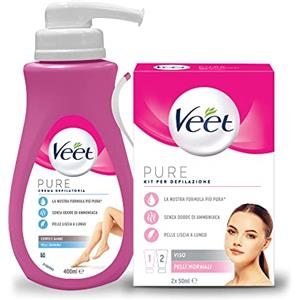 VEET Kit Corpo&Viso, Veet Crema Depilatoria Pelli Sensibili, per Gambe, Braccia, Ascelle e Zona Bikini, 400 ml + Veet Pure Depilazione Viso, Crema Depilatoria e Crema Post Epilazione, 2x 50 ml