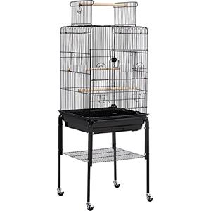 Yaheetech Gabbia per Uccelli Pappagalli Inseparabili Calopsite in Metallo con Carrello Rotelle Voliera per Uccelli con Tetto Apribile Nera 46 x 46 x 119 cm