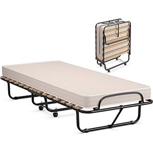 GYMAX Brandina Pieghevole con Materasso,190 x 80 x 39 cm, Carico 130 kg, Materasso Memory, a 15 Doghe, Made in Italy, Beige