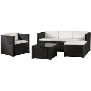 Juskys Lounge in polyrattan Punta Cana L resistente alle intemperie con divano, poltrona, sgabello, tavolo e cuscini - 4-5 persone - set di mobili da giardino lounge nero/crema