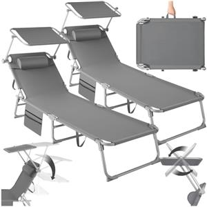 tectake® Set di 2 Sdraio, Pieghevole, 4 Posizioni, Cuscino Poggiatesta, Idrorepellente, da Giardino, Lettino Prendisole, Arredo Giardino, Terrazzo, Sdraia da Balcone, Piscina e Spiaggia - Grigio