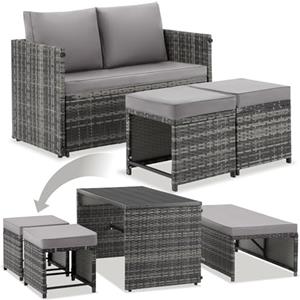 tectake® Set Salotto da Giardino Esterno in Rattan 2 in 1 Versatile, divano 2 posti e set sedie, Cuscini Impermeabili, 4 persone e Tavolino da Esterno, per Set Giardino, Balcone e Terrazzo - Grigio