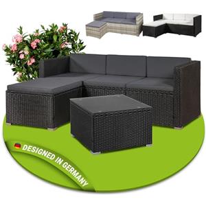 Juskys Lounge in polyrattan Punta Cana M resistente alle intemperie con divano 3 posti, sgabello, tavolo e cuscini per 3-4 persone - lounge da giardino Set di mobili da giardino nero/grigio