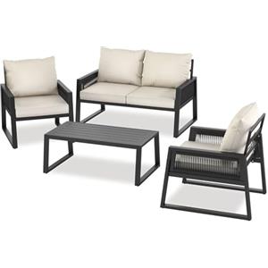 tectake® Set Salottino da Giardino, Telaio in Alluminio, Divano, 2 Comode Poltrone, Cuscini Spessi, Tavolo da Giardino, Regolabile, Set Salotto da Esterno - Stile 1, 4 Posti + Tavolo