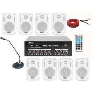 Prostore Italy IMPIANTO AUDIO FILODIFFUSIONE+8 Altoparlanti Parete+Bluetooth+100Mt Cavo +Microfono (Con Casse Bianche)