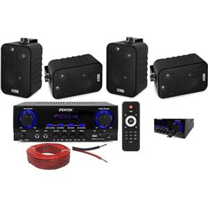 Prostore Italy Kit Audio Filodiffusione con Amplificatore 2x50W, 4 Casse da Parete Nere, Telecomando e 50 Metri di Cavo, Bluetooth, USB, SD, Sistema a 2 Vie Bass Reflex