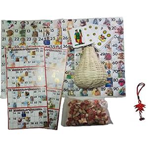 BLUSUPERSHOP Tombola Tradizionale Napoletana CARTELLONE e 72 Cartelle + Paniere VIMINI 1 serie di Numeri Legno + carte scopa briscola solitario bingo Natale Giochi di Societa' corni amuleti omaggio