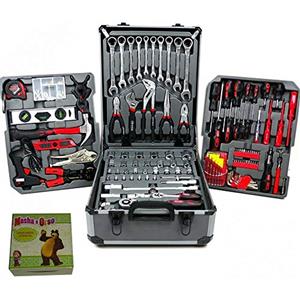 UNITED TRADE TROLLEY PROFESSIONALE CASSETTA ATTREZZI COMPLETA IN CHROME VANADIUM CASSETTA UTENSILI SET DA 187 PEZZI CON CHIAVI INGLESI FISSE + OMAGGIO orologio/sveglia Masha ed Orso
