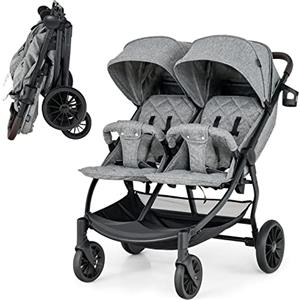 COSTWAY Passeggino Gemellare per Bambini, Passeggino Doppio Portatile Pieghevole con Schienale Regolabile, Tettuccio a 5 Livelli, Cintura a 5 Punti, Ruote 360°, Portata 15+15 kg (Grigio Chiaro)
