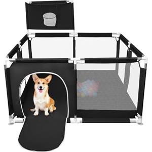 HUOLE Box per Bambini, Recinto per Bambini Pieghevole in Tessuto Oxford con Rete Traspirante, Box per Neonati con Giochi che Include 50 Palline,126 * 126 * 66 cm - Nero