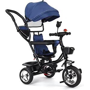OHMG Triciclo per bambini evolutivo,4 in 1 Triciclo bici e passeggino fino a 25kg,Passeggino con Maniglione regolabile,Triciclo per bambini da 1 a 5 anni,Rotabile Pieghevole parasole (Blu)