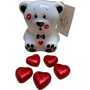 Generico Scatola Regalo Orsetto in Latta con 5 Cioccolatini Cuore, Cioccolato al Latte Ripieni di Nocciola, Decorazione Romantica Lui e Lei, 10x7x12 cm (Orsetto LUI)