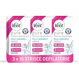 Veet Strisce Depilatorie Ascelle, Ipoallergeniche e Dermatologicamente Testate, 48 strisce (3 confezioni da 16) + Salviette Post-Epilazione Idratanti