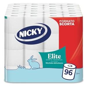 Nicky Elite - 96 Rotoli di Carta Igienica, 150 Soffici Fogli a 3 Veli, Morbida e Resistente a Contatto con la Pelle, Dermatologicamente Testata, Carta 100% Certificata FSC®