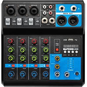 cunnyend Console di mixaggio professionale a 5 canali con interfaccia audio USB, alimentazione phantom 48V, equalizzatore stereo per la registrazione di DJ, scena, karaoke e applicazioni musicali
