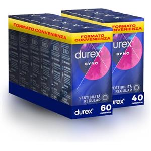 Durex Sync Preservativi Ritardanti per Lui e Stimolanti per Lei con Rilievi e Nervature, con Lubrificante a Lunga Durata - 100 Preservativi, 10 confezioni da 10 profilattici