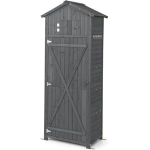 GYMAX Armadio da Esterno in Legno, Capanno da Giardino con Tetto in Asfalto Impermeabile, Tavolo Pieghevole, Porte con Serratura, Ripiani Rimovibili e 4 Staffe Metalliche (Stile 3)