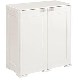 MA MAISON Armadio Basso in Plastica da Esterno 79x43x85,5 cm, con 2 Ripiani - Mobile Contenitore Compatto Salvaspazio per Balcone, Terrazza e Organizzazione Casa (Panna)
